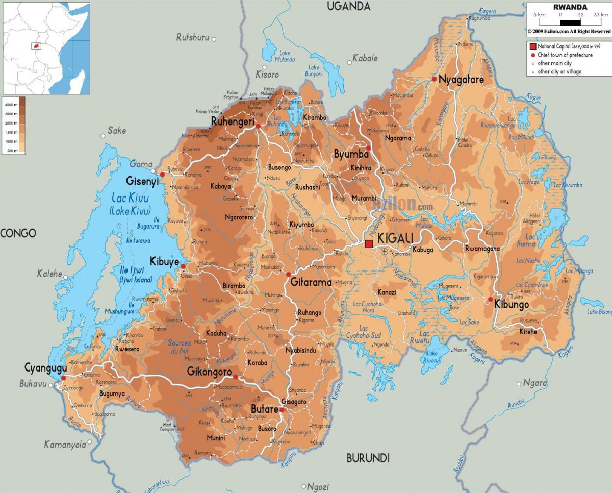 térkép fizikai térkép Ruanda