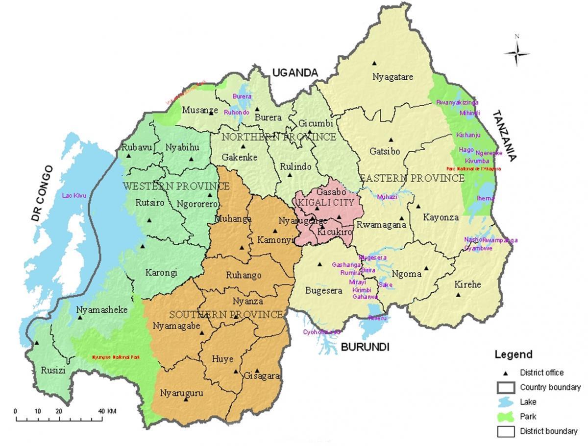 térkép Ruanda a kerületek, illetve az egyes ágazatok